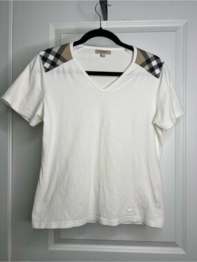Burberry London Vintage Check Shoulder White Cotton Crew Neck T-Shirt Large